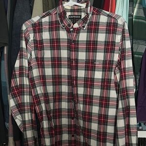 Express Men's Red and Black Plaid Button Down Shirt